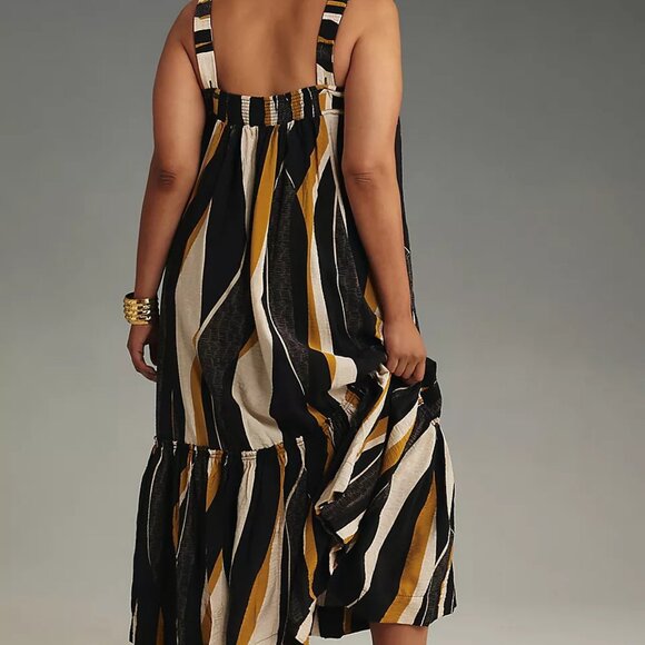 NWT By Anthropologie Square-Neck Waistless Midi Dress Black Motif Size L - Picture 3 of 9